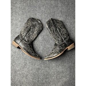 Mens Western Cowboy Corral Boots Black Embroidered Leather, Size US 9.5
